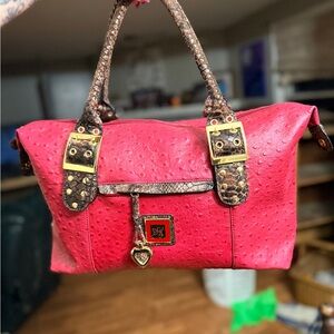 Sharif Red Ostrich Leather Satchel with Gold Accents